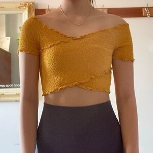 Ambiance Shirred Off-Shoulder Ruffled Crop Top in Mustard Womens L